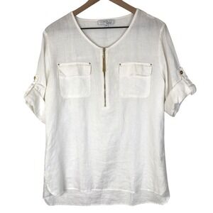ELLEN TRACY Company 100% Linen Top Sz M White Gold Accents Lagenlook Roll Tab